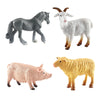 A set of mini farm animal figurines including a gray horse, a white goat, and a pink pig.