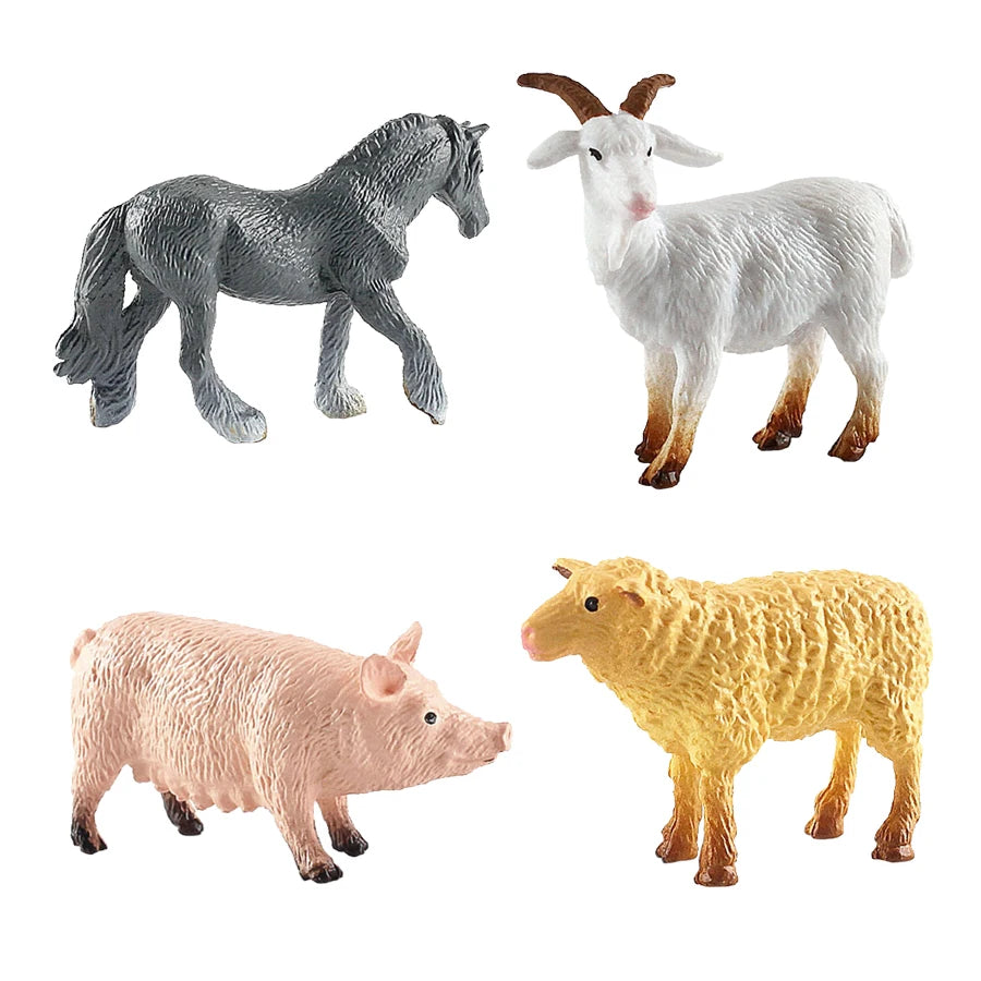 A set of mini farm animal figurines including a gray horse, a white goat, and a pink pig.
