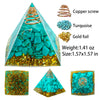 A pyramid filled with turquoise stones and gold foil, featuring a copper screw design.