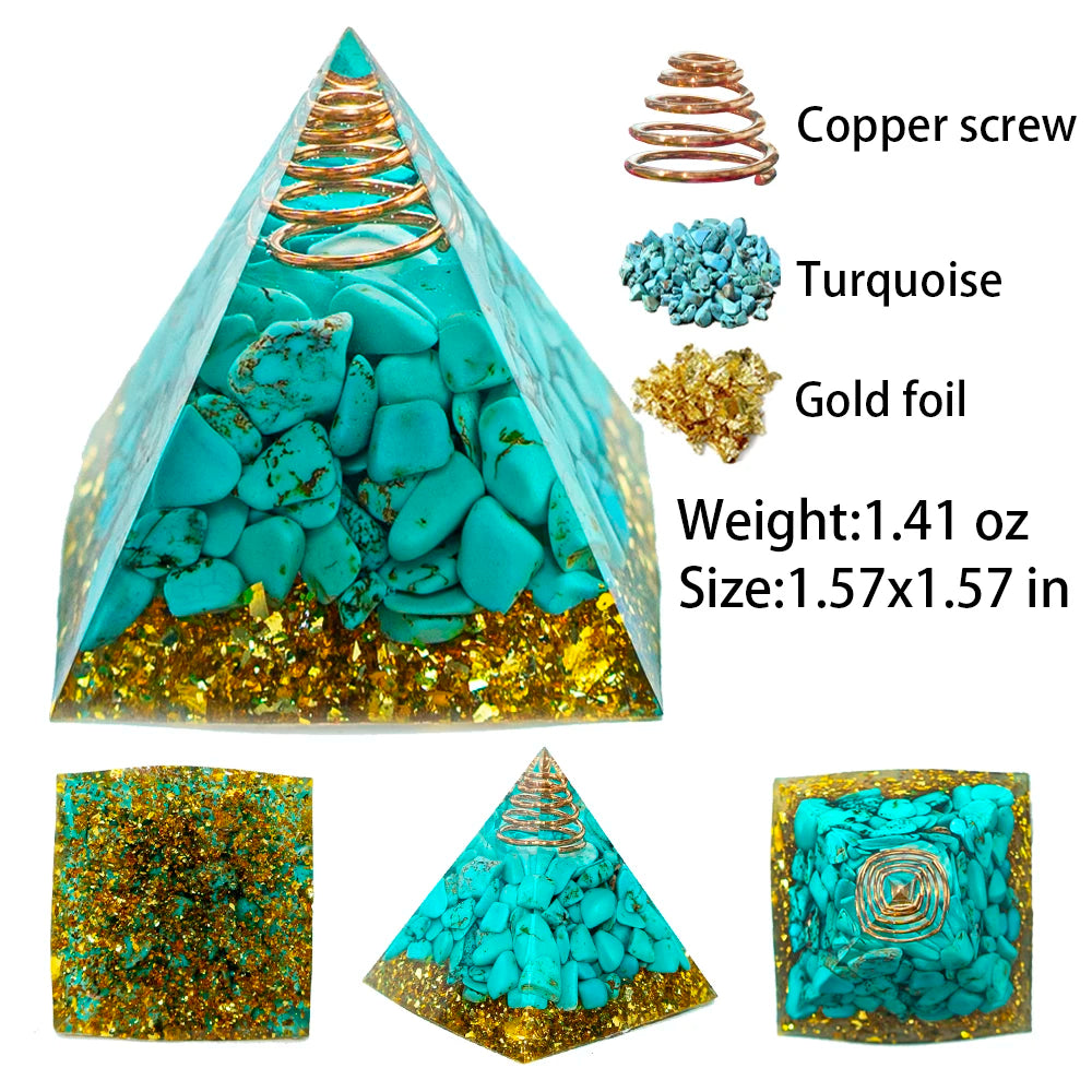 A pyramid filled with turquoise stones and gold foil, featuring a copper screw design.