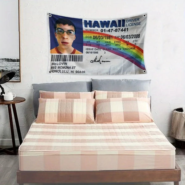 A banner featuring a driver's license photo and text for Hawaii, displayed above a bed.