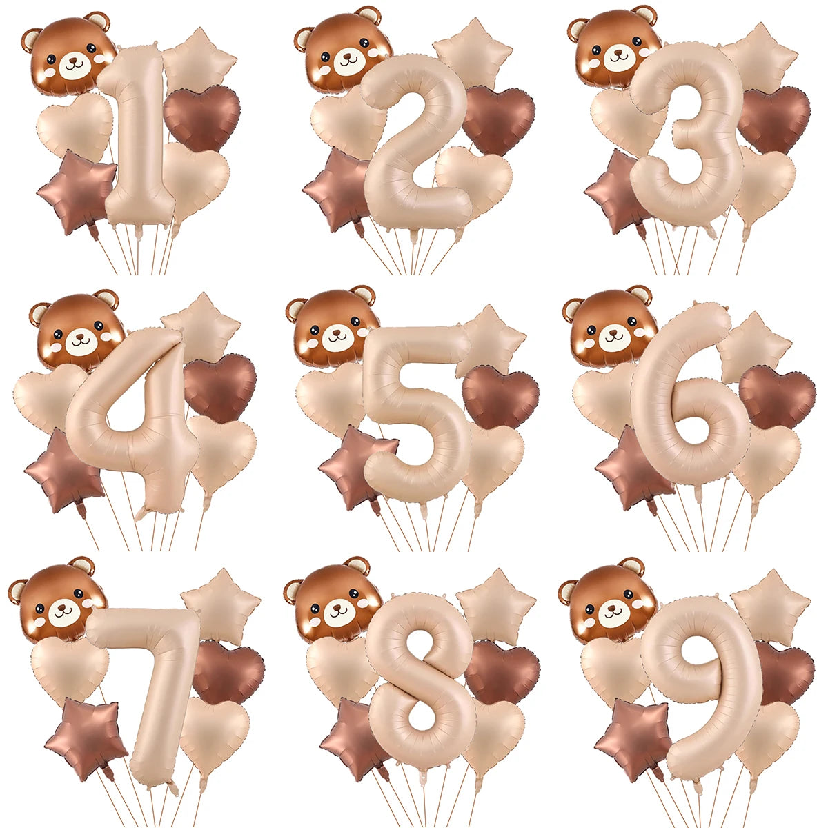 A set of foil balloons shaped like numbers 1 through 9, featuring cute bear faces in caramel and rose gold colors.