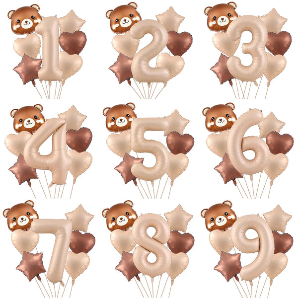 A set of foil balloons shaped like numbers 1 through 9, featuring cute bear faces in caramel and rose gold colors.