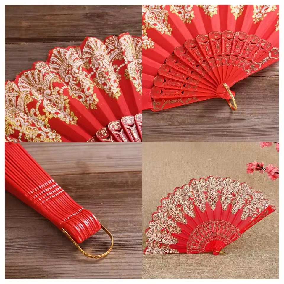 A set of elegant red folding fans featuring intricate gold traditional Chinese designs.