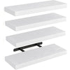 A set of four modern wooden floating wall shelves in white wood grain finish.
