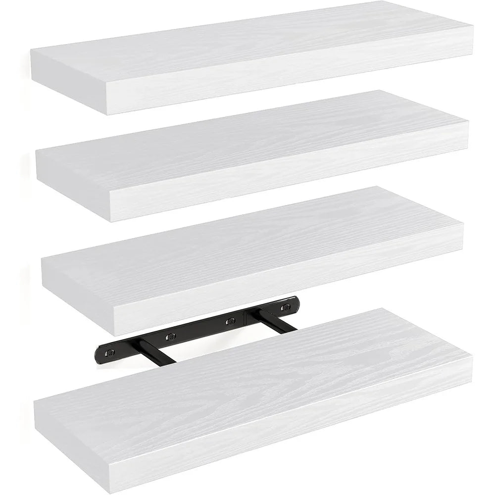 A set of four modern wooden floating wall shelves in white wood grain finish.