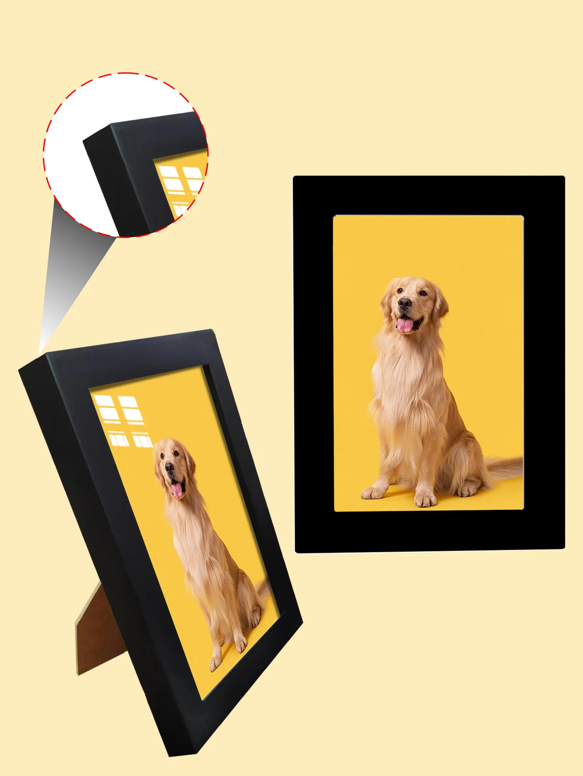 A black photo frame displaying a golden retriever dog, with an inset showing the frame's design.