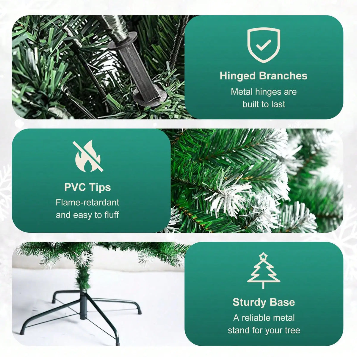 A realistic 7ft PVC artificial Christmas tree with a folding metal stand, showing details of hinged branches and a sturdy bas