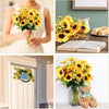 A yellow artificial sunflower bouquet displayed in various contexts including a hand holding flowers, a flat arrangement, and