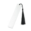 A white bookmark with a black dragon tassel hanging from it.