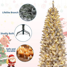 A pre-lit pencil Christmas tree with LED lights and a metal stand, shown alongside components and finished product.
