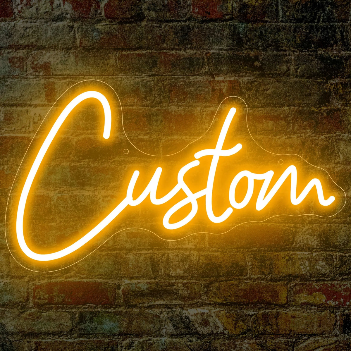 A glowing orange neon sign spelling the word Custom is mounted on a textured brick wall.