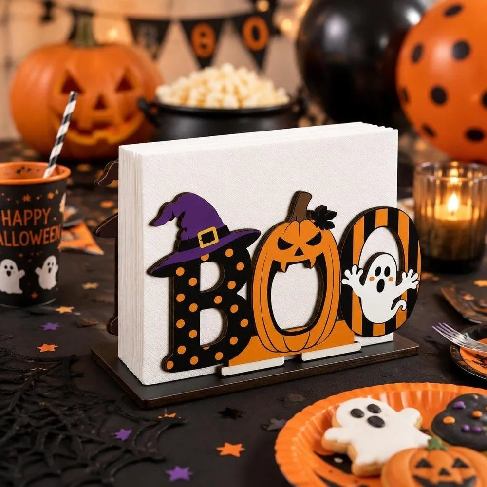 A wooden tissue dispenser shaped like a Boo pumpkin with black and white ghost patterns.