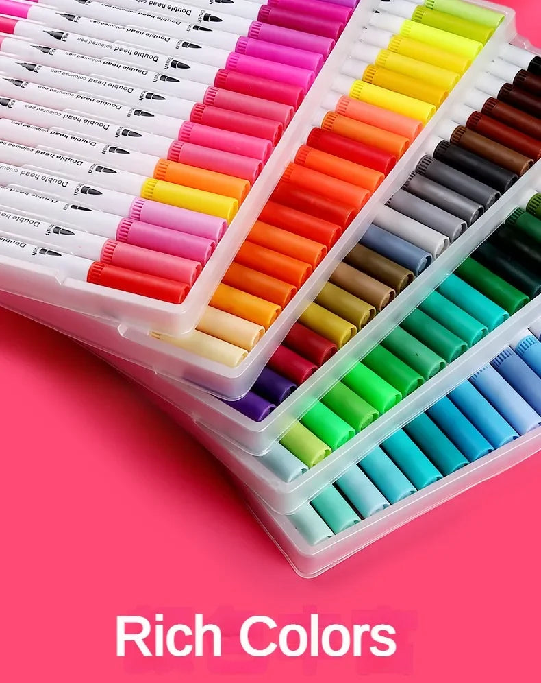 A collection of dual-ended watercolor art markers in various bright and deep colors arranged in a white plastic case.