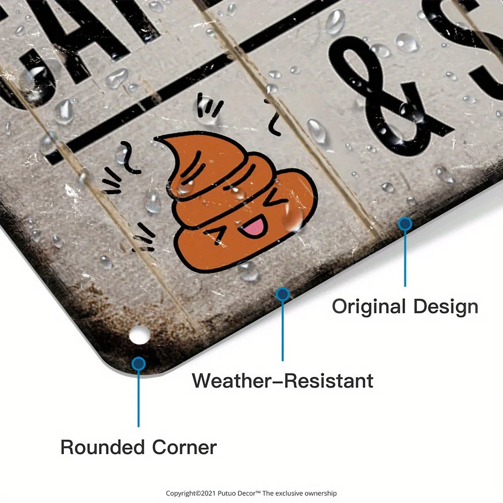 A close-up view of a vintage metal tin sign with an original design featuring an orange-colored object, showing its weather-r