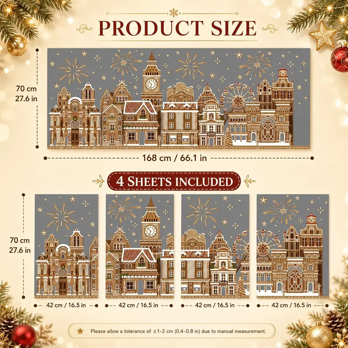 Four sheets of Christmas gingerbread house window clings featuring detailed architectural facades