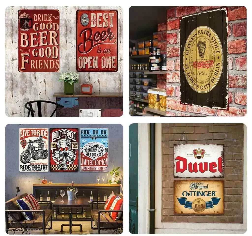 A collection of retro bar metal signs featuring text like Best Beer is an Open One and Duvel.