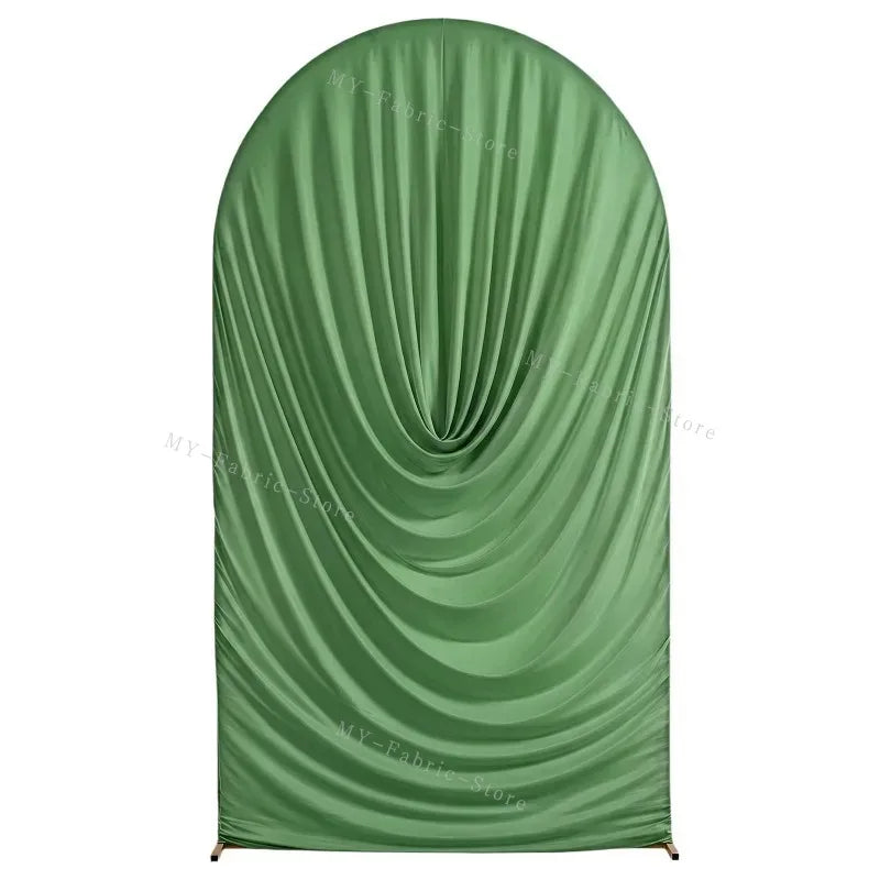 A draped green spandex arch cover used for weddings and events.