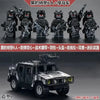 A detailed model of a military off-road jeep built from building blocks, featuring various accessories and figures.