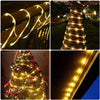 Various images showing solar-powered LED rope lights used for outdoor decoration on railings and trees.
