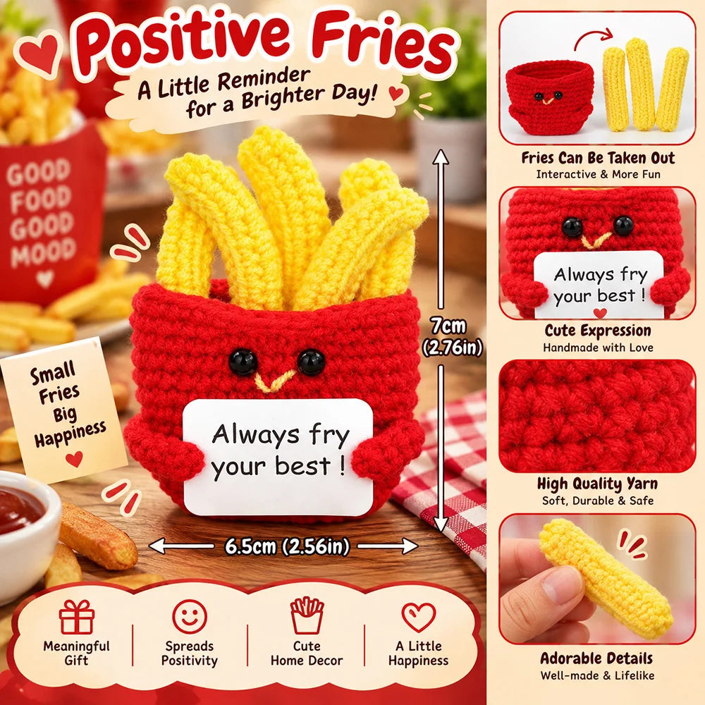 Handmade red crochet potato doll with a smiling face and an inspirational card