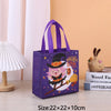 Purple non-woven gift tote bag with a witch print and a yellow feather brush on a wooden surface.