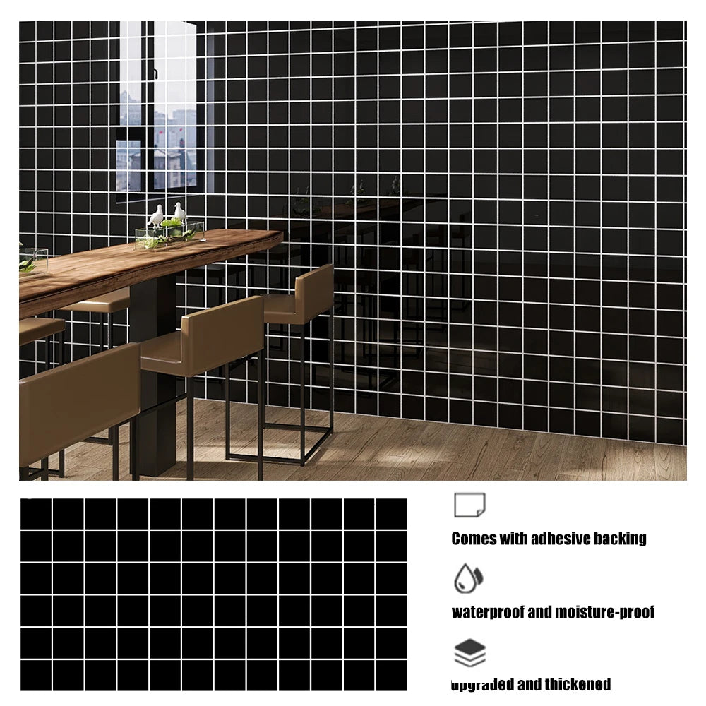 A black grid pattern self-adhesive backsplash panel installed on a wooden countertop in a modern kitchen setting.