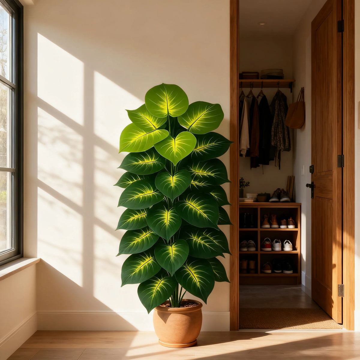 A vibrant green artificial palm tree with 24 leaves sits in a terracotta pot on a wooden floor.