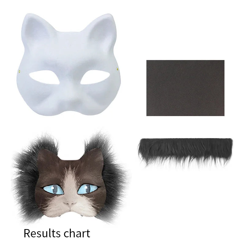 A kit showing a white mask mold, a black paint, and a dark gray faux fur strip for crafting fox and cat masks.