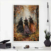 Canvas wall art depicting three dark witches in flowing robes amidst autumn foliage and a forest setting.