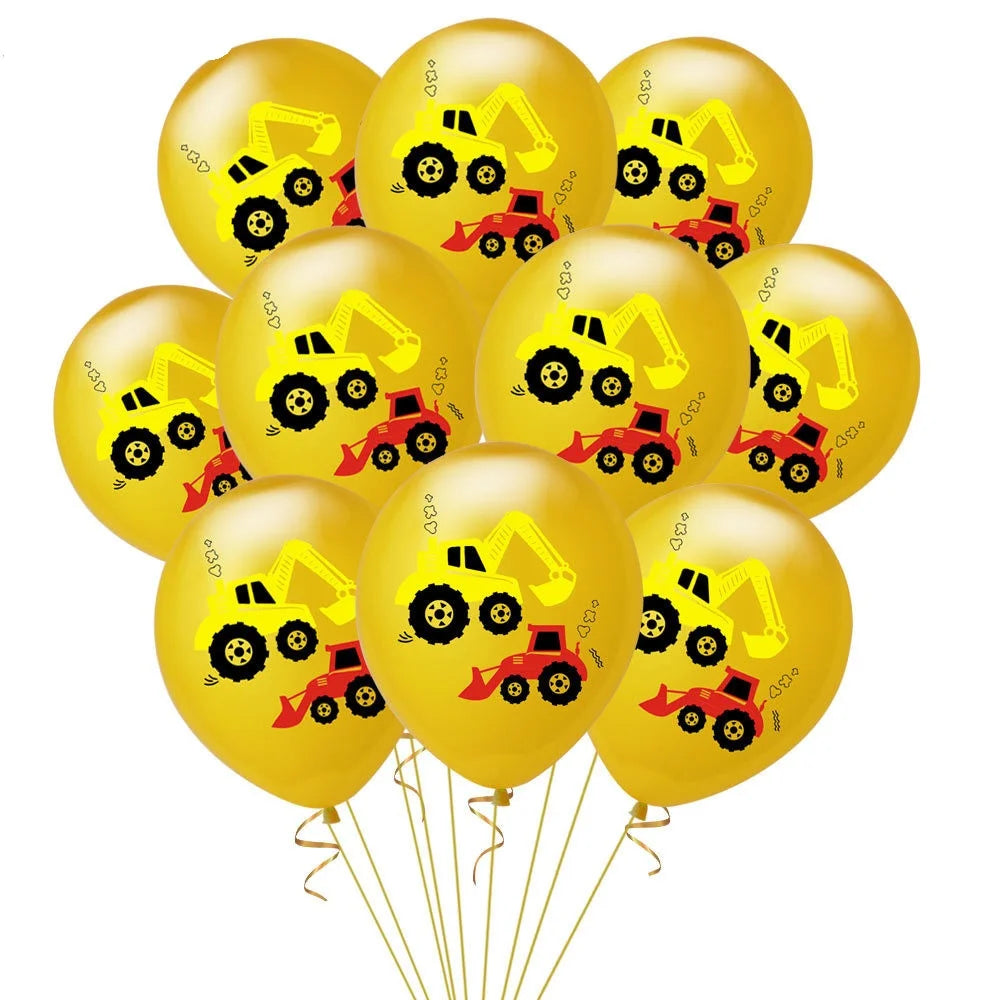 A bunch of yellow latex balloons shaped like construction tractors and excavators.