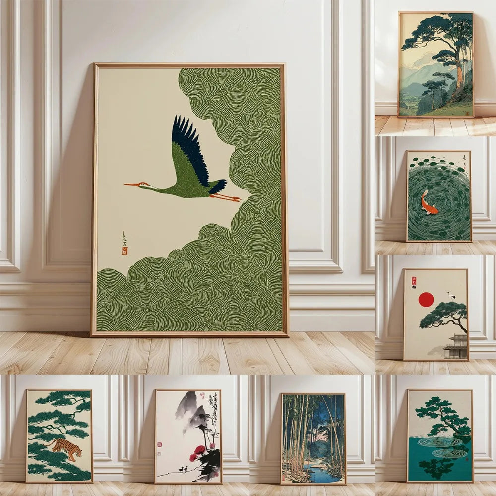 A collection of framed Japanese tree art canvas prints featuring various green and blue foliage against a light background.