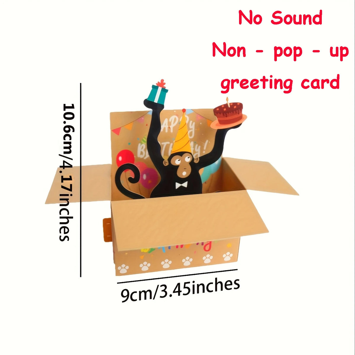 A humorous 3D pop-up birthday greeting card featuring a monkey character, balloons, and a cake.