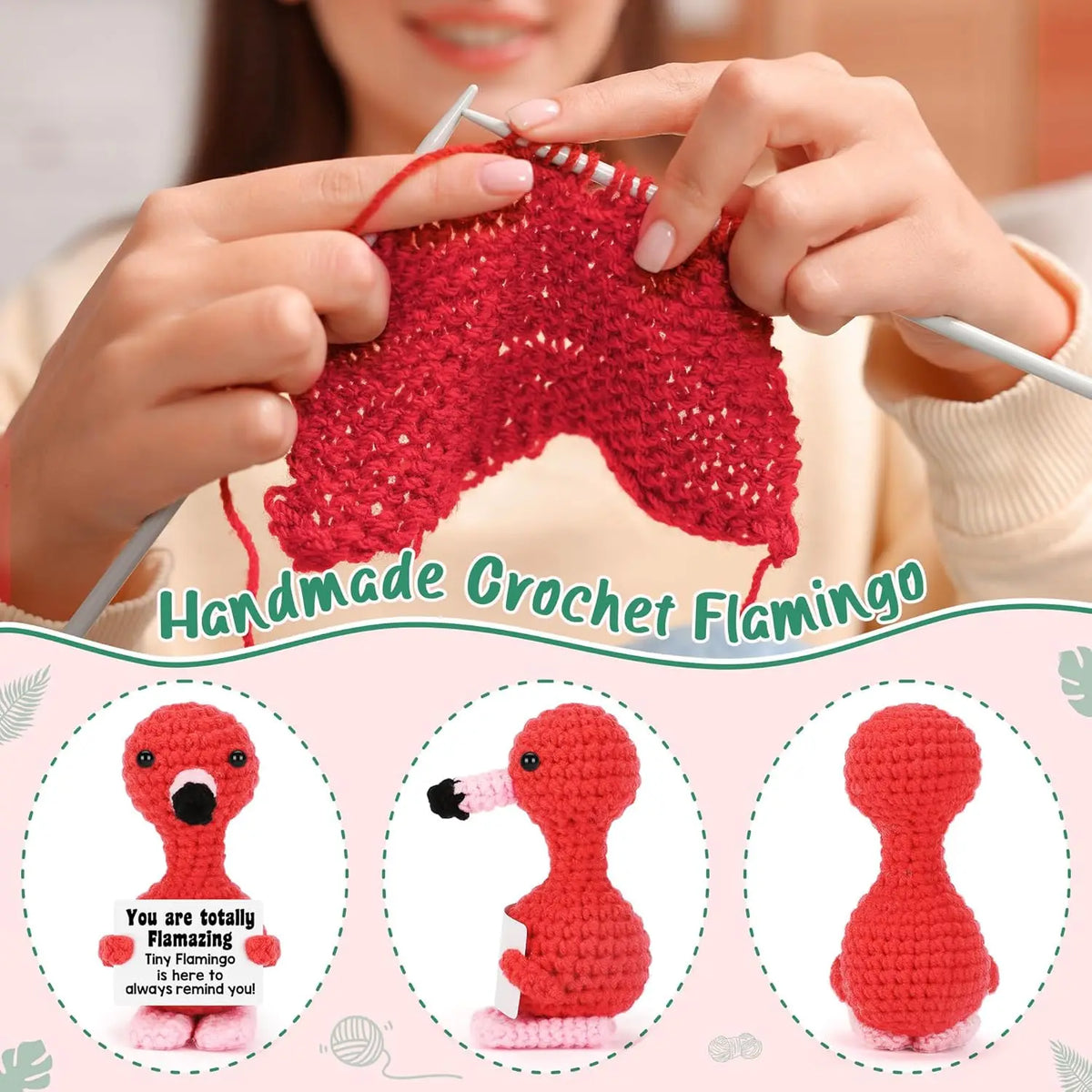 Handmade crochet flamingo doll in red with an inspirational card shown being held by hands
