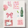 Fond blanc avec éléments floraux roses et verts, un papillon, un nœud et une bouteille de Coca-Cola, avec un formulaire d'inv