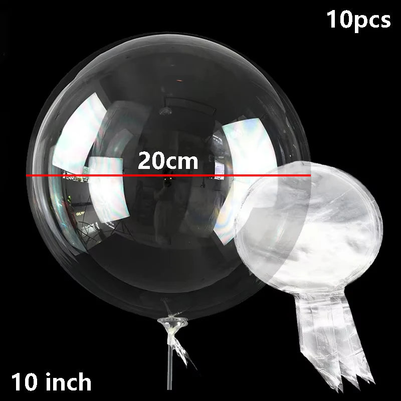 A large clear bubble balloon, 20cm in diameter, is shown against a black background.