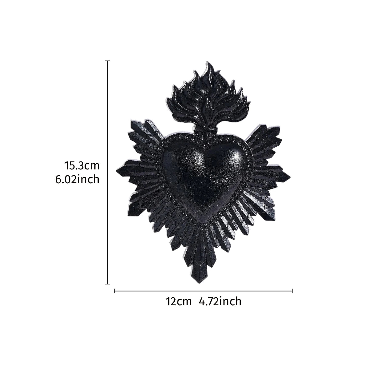 A black resin flame heart wall decoration with radiating spikes.