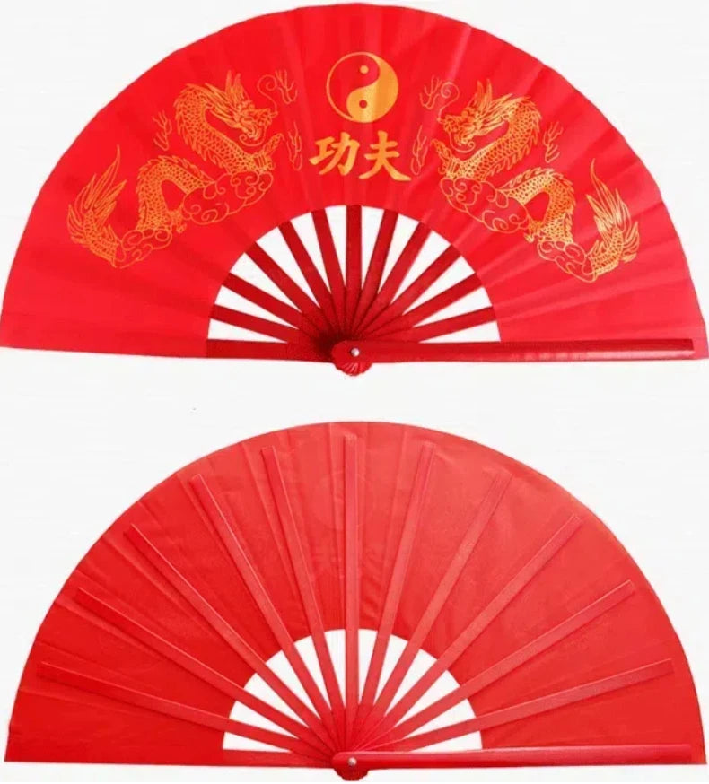 Red traditional bamboo folding fan with gold dragon designs for martial arts and fitness