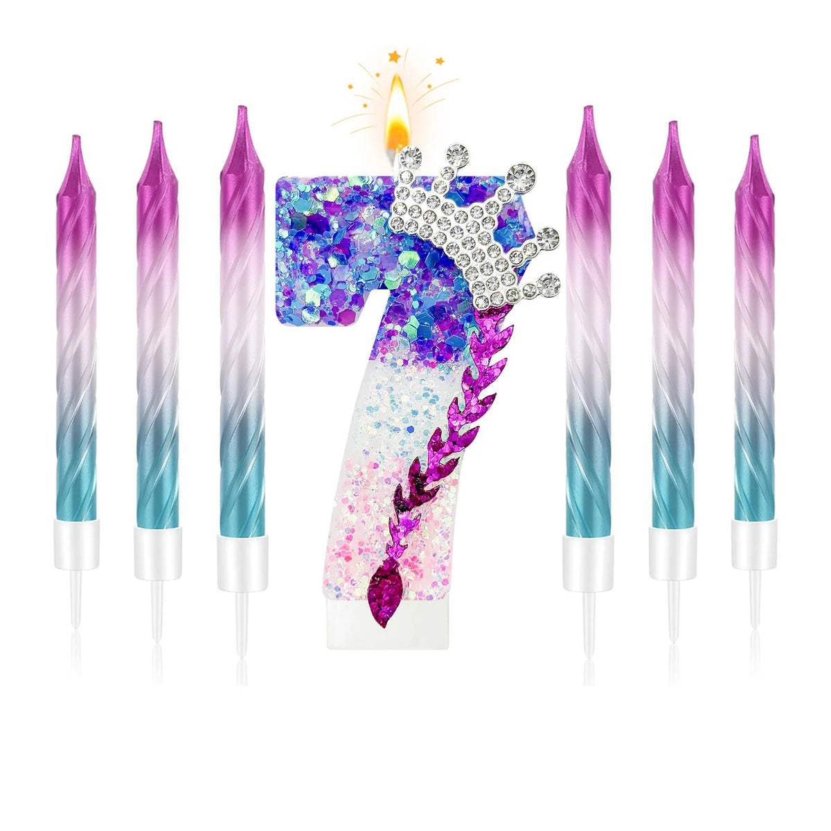 A set of ten birthday candles shaped like the number 7, featuring a gradient sparkle design in purple and blue.