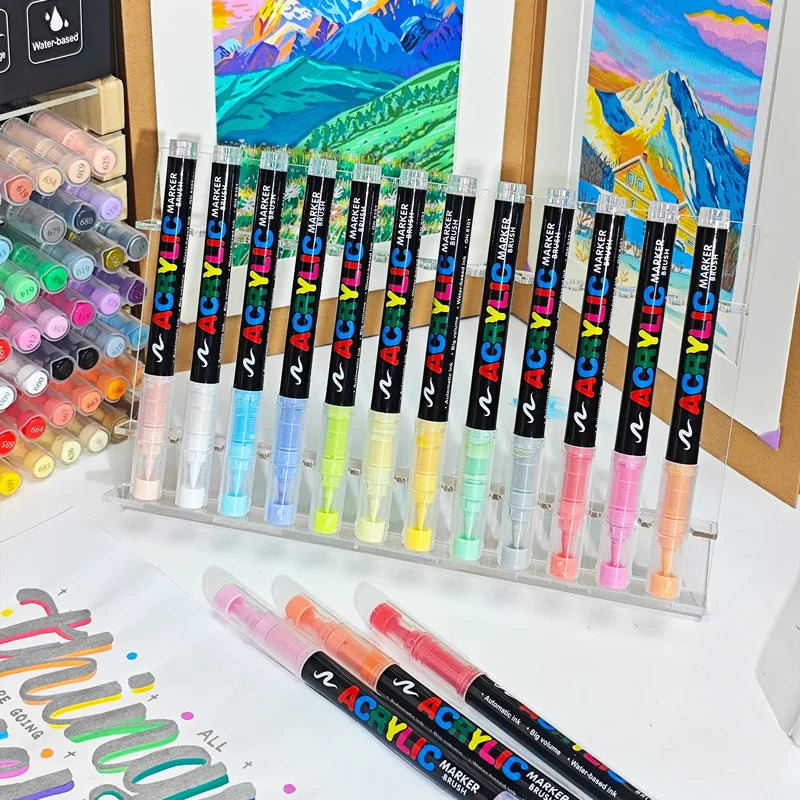 A collection of 36 color acrylic marker pens arranged in a display box.