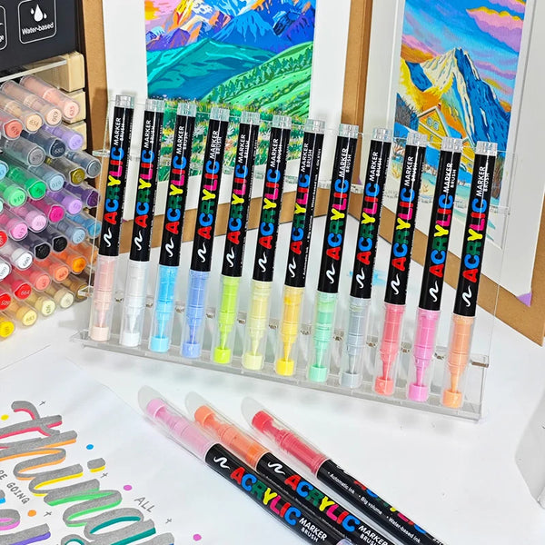 A collection of 36 color acrylic marker pens arranged in a display box.