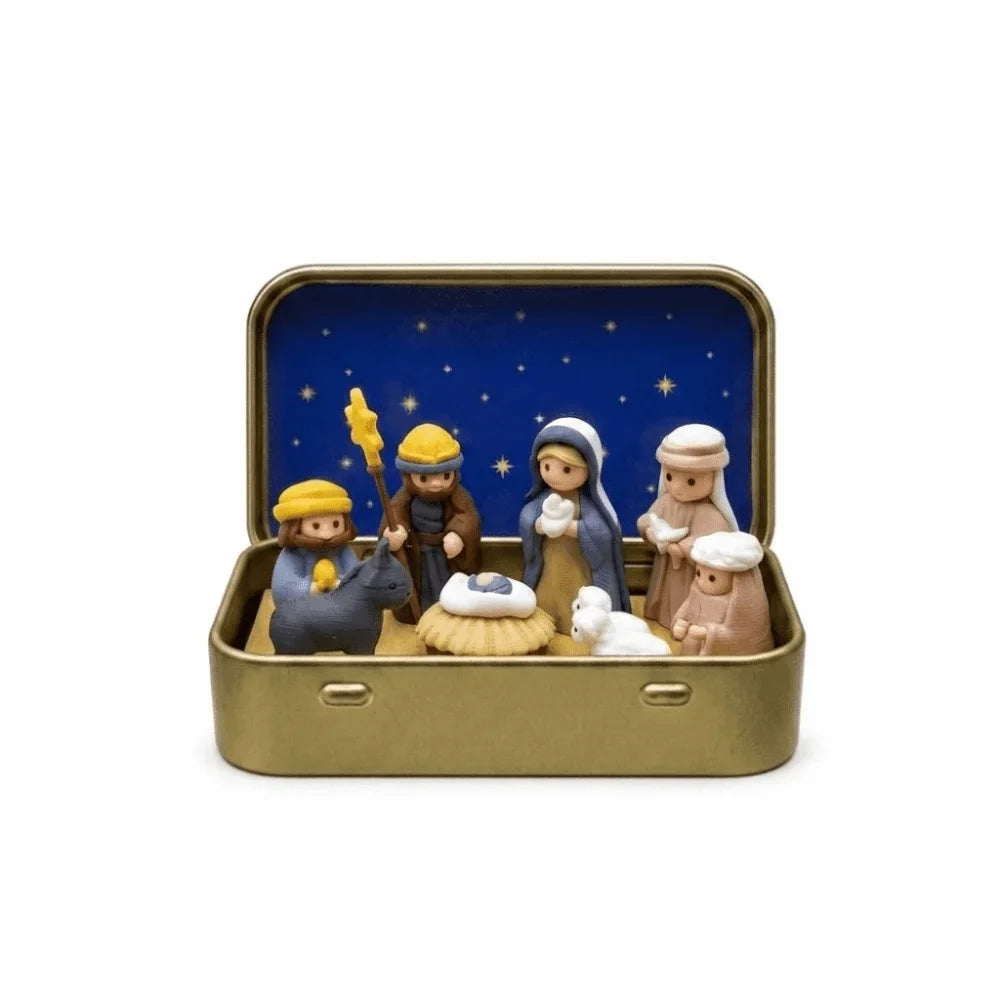 A classic PVC Christmas nativity scene figurine set displayed in a gold storage tin with a blue starry background.