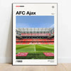A poster featuring a view of the AFC Ajax stadium with red seating and a green pitch.