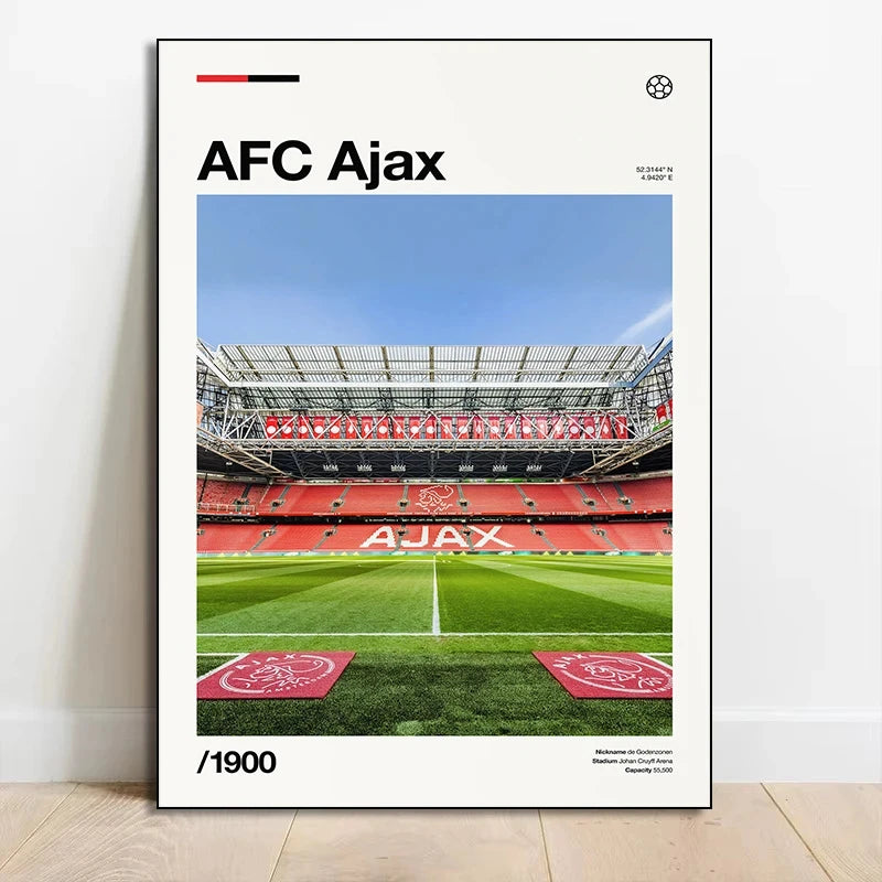 A poster featuring a view of the AFC Ajax stadium with red seating and a green pitch.