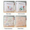 Four photo albums: pink bike, green bicycles, travel brochure, and travel diary.