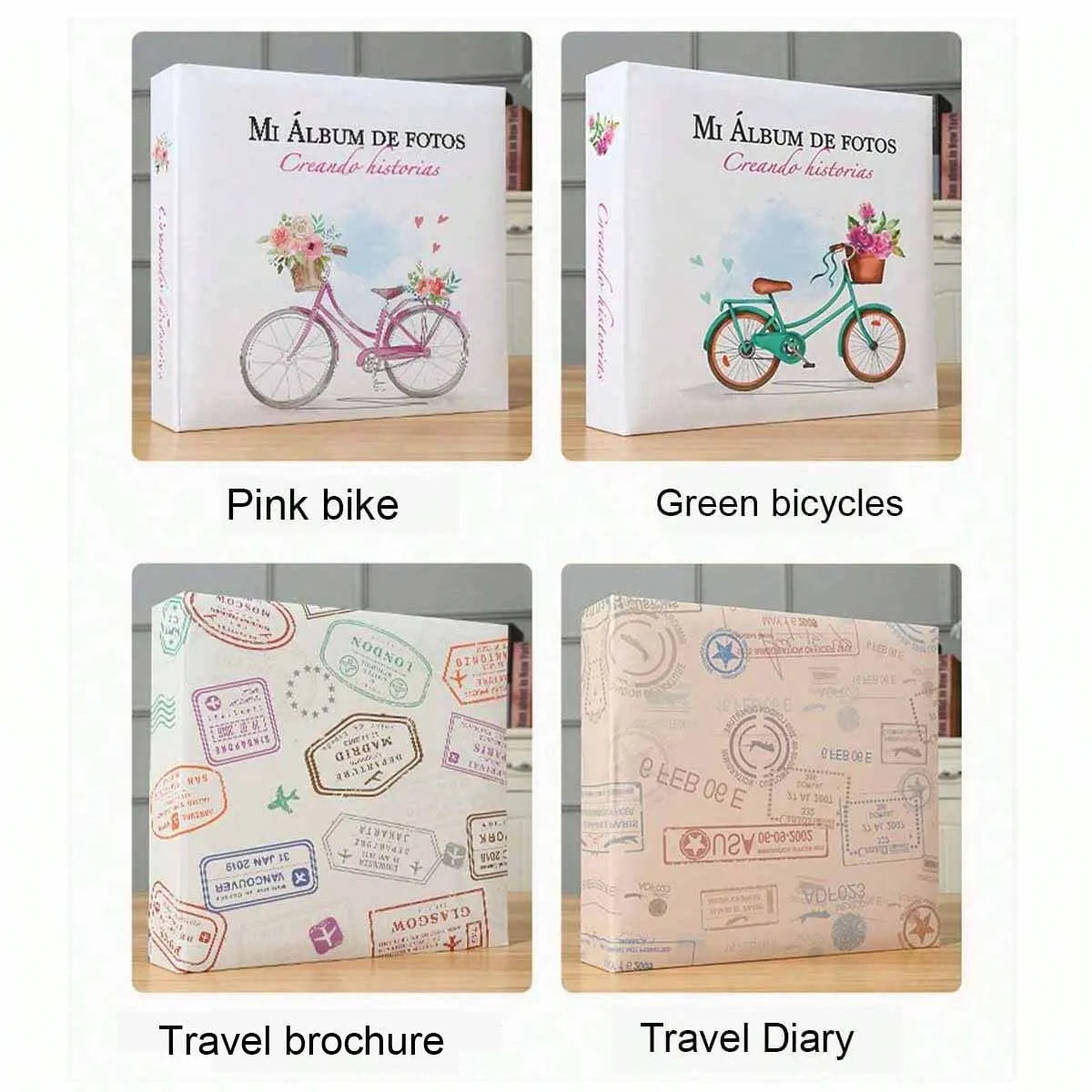 Four photo albums: pink bike, green bicycles, travel brochure, and travel diary.