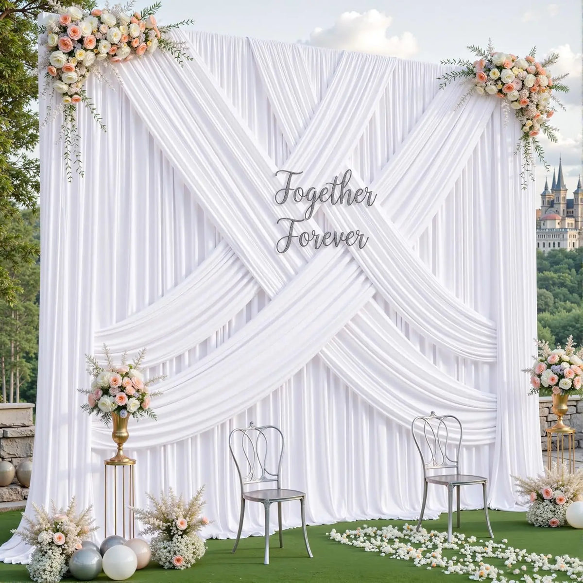 A white fabric backdrop with an 'X' design draped in soft folds and decorated with floral arrangements.