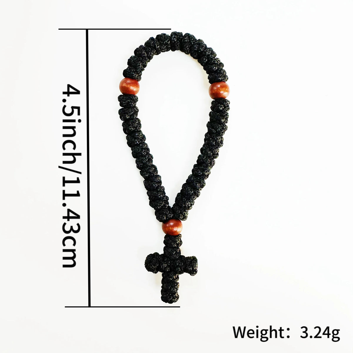 A black 33-knot Orthodox prayer rope with a small wooden cross charm displayed against a white background.