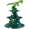 A three-tier dinosaur cupcake stand for party decor featuring green dinosaurs on a dark teal background.