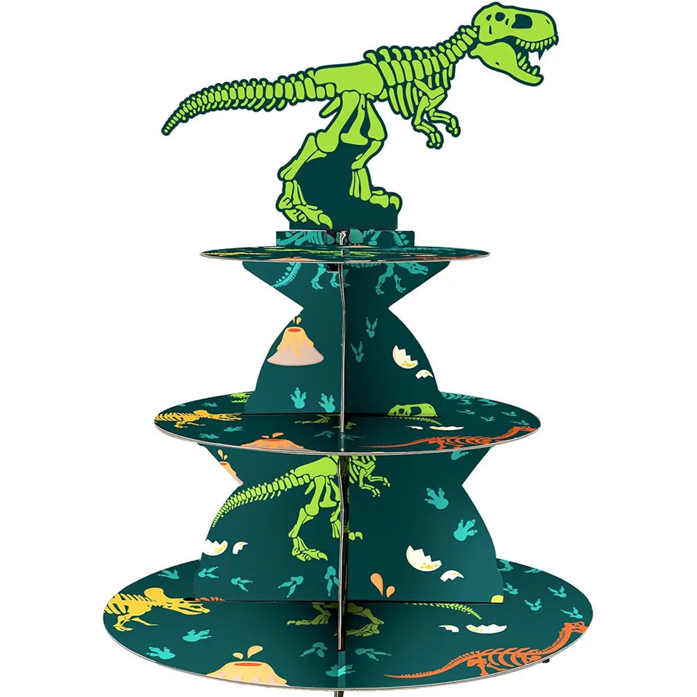 A three-tier dinosaur cupcake stand for party decor featuring green dinosaurs on a dark teal background.